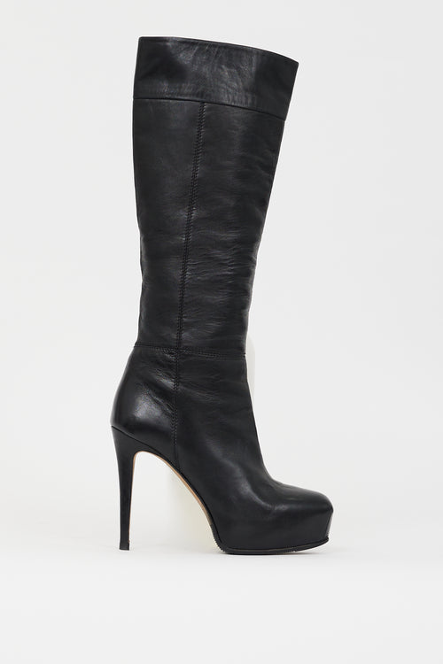 Brian Atwood Black Leather Concealed Platform Knee High Boot