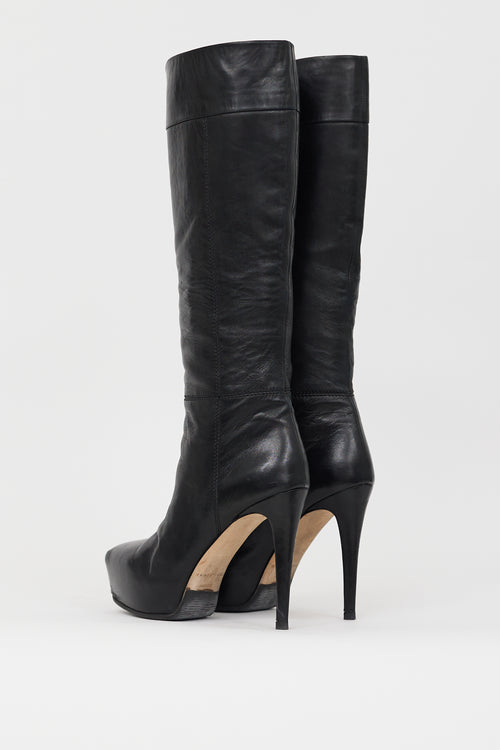 Brian Atwood Black Leather Concealed Platform Knee High Boot