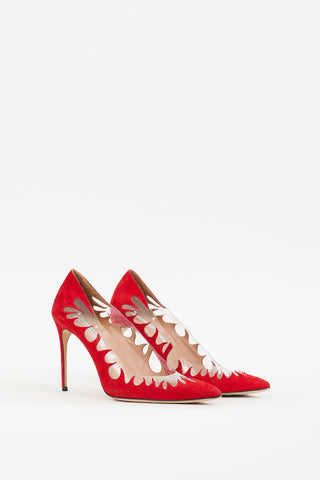 Brian Atwood Red 
Clear Suede 
PVC Victory Cut Out Pump