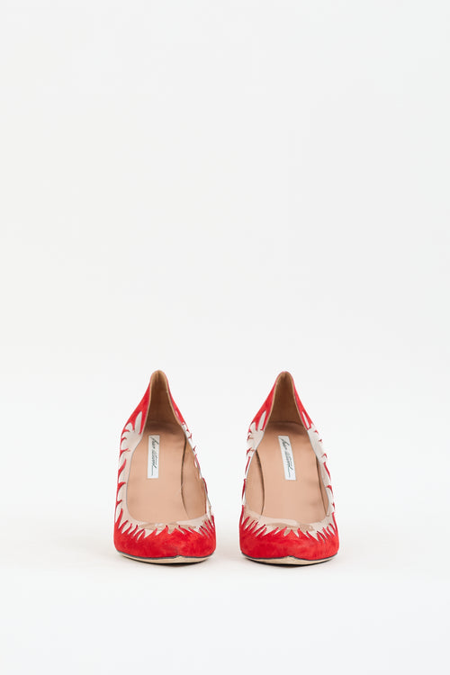 Brian Atwood Red 
Clear Suede 
PVC Victory Cut Out Pump