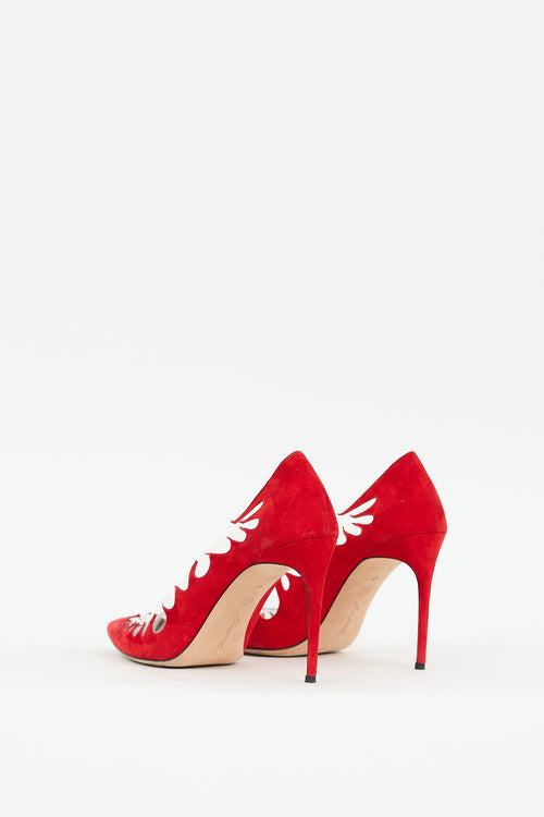 Brian Atwood Red 
Clear Suede 
PVC Victory Cut Out Pump