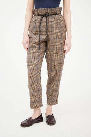 Brunello Cucinelli Beige 
Multicolour Wool Plaid Belted Trouser