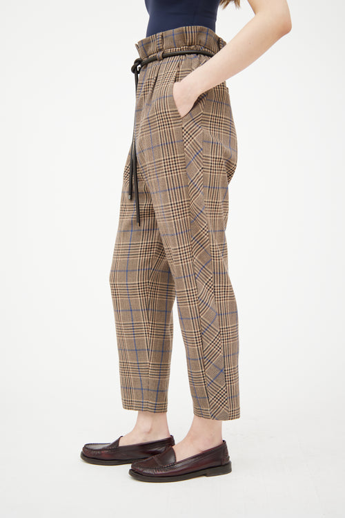 Brunello Cucinelli Beige 
Multicolour Wool Plaid Belted Trouser