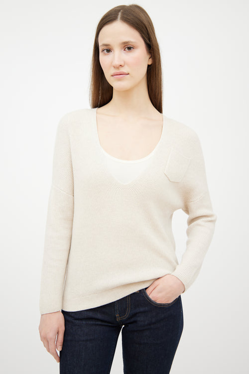 Brunello Cucinelli Cream Cashmere Knit Ribbed Sweater