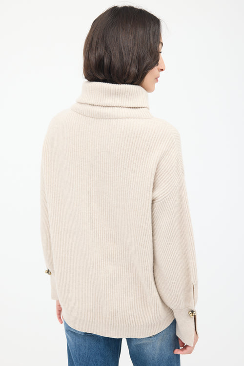 Brunello Cucinelli Beige Cashmere Ribbed Turtleneck Sweater