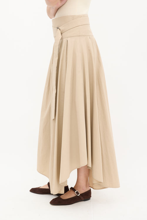 Brunello Cucinelli Beige Cotton Pleated Asymmetrical Midi Skirt