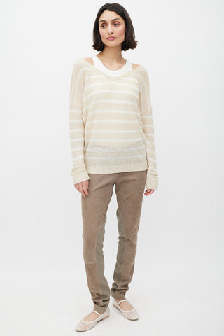 Brunello Cucinelli Beige Knit Striped Sequin Sweater