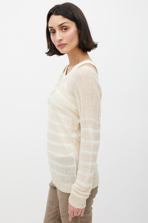 Brunello Cucinelli Beige Knit Striped Sequin Sweater