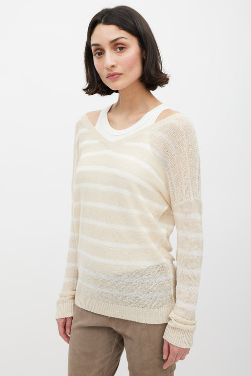 Brunello Cucinelli Beige Knit Striped Sequin Sweater