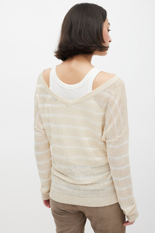 Brunello Cucinelli Beige Knit Striped Sequin Sweater