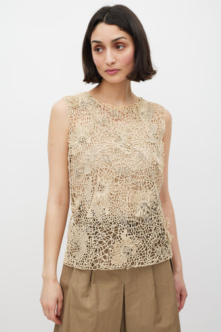 Brunello Cucinelli Beige 
Silver Floral Crocheted Monili Top