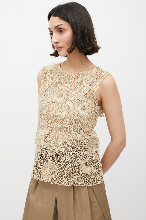 Brunello Cucinelli Beige 
Silver Floral Crocheted Monili Top