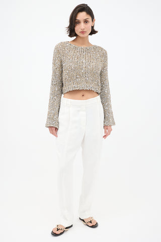 Brunello Cucinelli Beige 
Silver Sequin Cropped Sweater