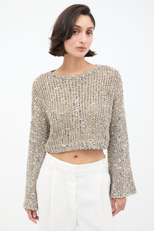 Brunello Cucinelli Beige 
Silver Sequin Cropped Sweater