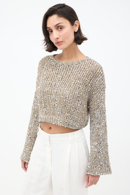 Brunello Cucinelli Beige 
Silver Sequin Cropped Sweater