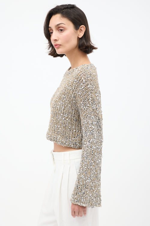 Brunello Cucinelli Beige 
Silver Sequin Cropped Sweater