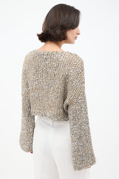 Brunello Cucinelli Beige 
Silver Sequin Cropped Sweater