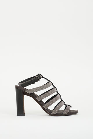 Brunello Cucinelli Black Leather Monili Caged Heel