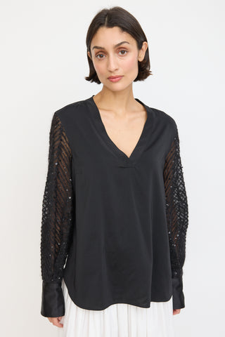 Brunello Cucinelli Black Silk 
Mohair Sequinned Sleeve Top