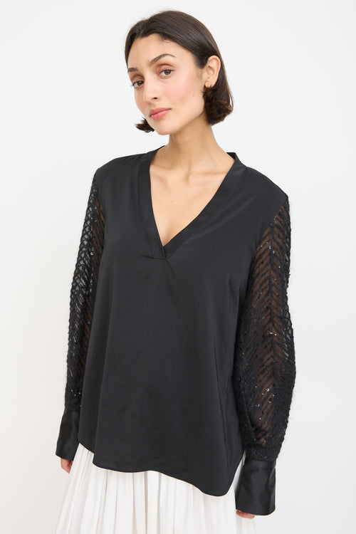 Brunello Cucinelli Black Silk 
Mohair Sequinned Sleeve Top