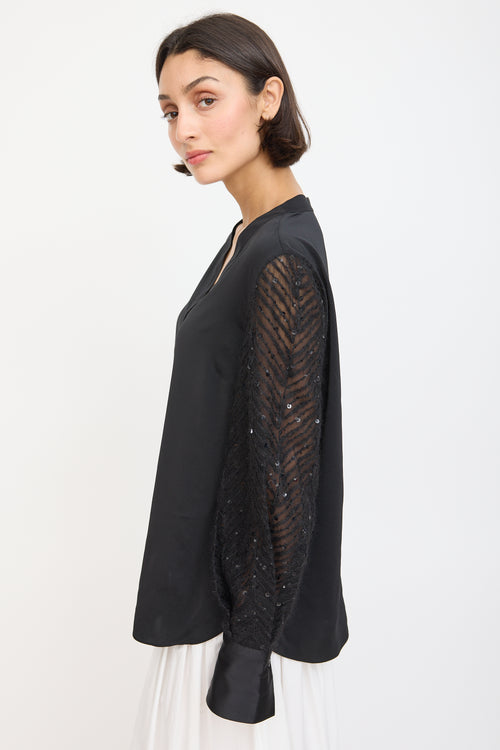 Brunello Cucinelli Black Silk 
Mohair Sequinned Sleeve Top