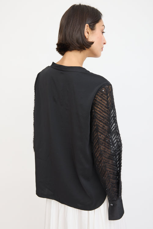 Brunello Cucinelli Black Silk 
Mohair Sequinned Sleeve Top