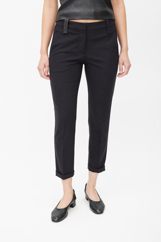 Brunello Cucinelli Black Wool Tapered Leg Cuffed Trouser