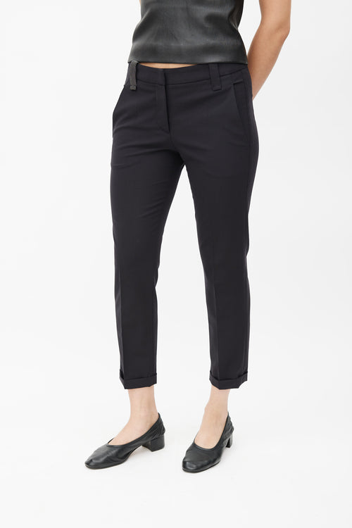 Brunello Cucinelli Black Wool Tapered Leg Cuffed Trouser