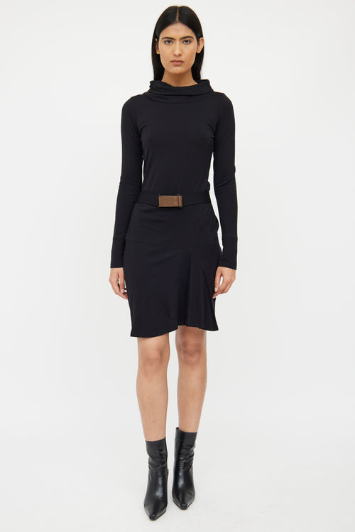 Brunello Cucinelli Black Wool Blend Belted Dress