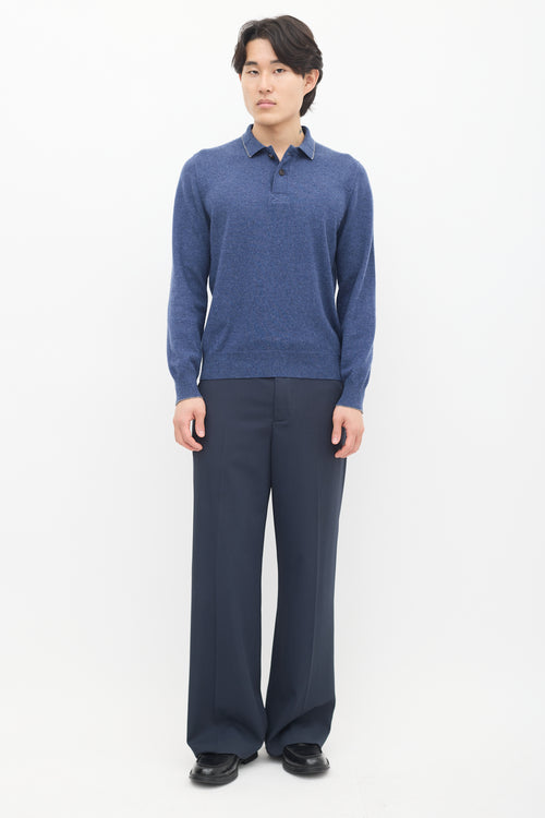 Brunello Cucinelli Blue Cashmere Long Sleeve Polo