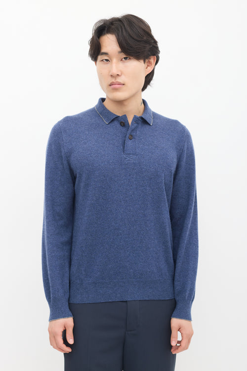 Brunello Cucinelli Blue Cashmere Long Sleeve Polo