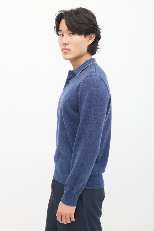 Brunello Cucinelli Blue Cashmere Long Sleeve Polo