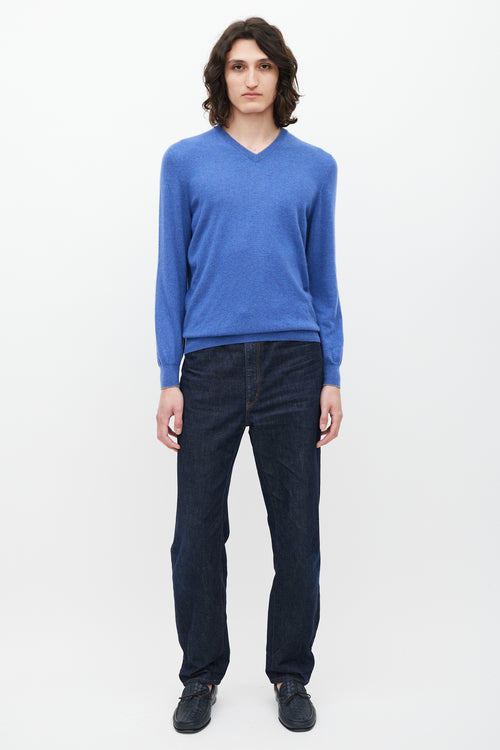 Brunello Cucinelli Blue Cashmere V Neck Sweater