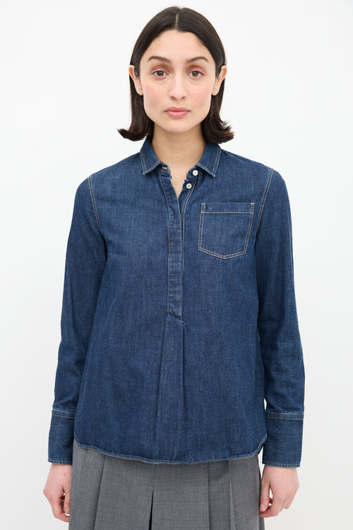 Brunello Cucinelli Blue Denim Half Button Up Shirt