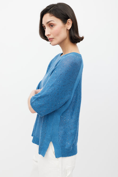 Brunello Cucinelli Blue Linen Knit Sequin Top