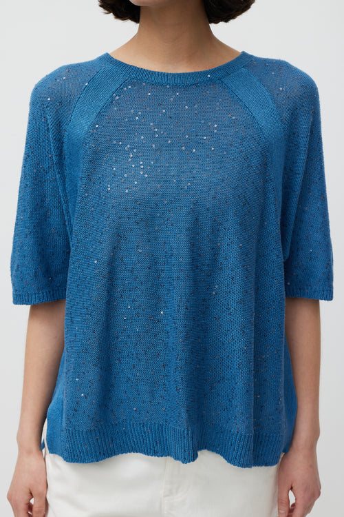 Brunello Cucinelli Blue Linen Knit Sequin Top