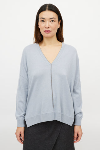 Brunello Cucinelli Blue Monili Cashmere V-Neck Knit Sweater