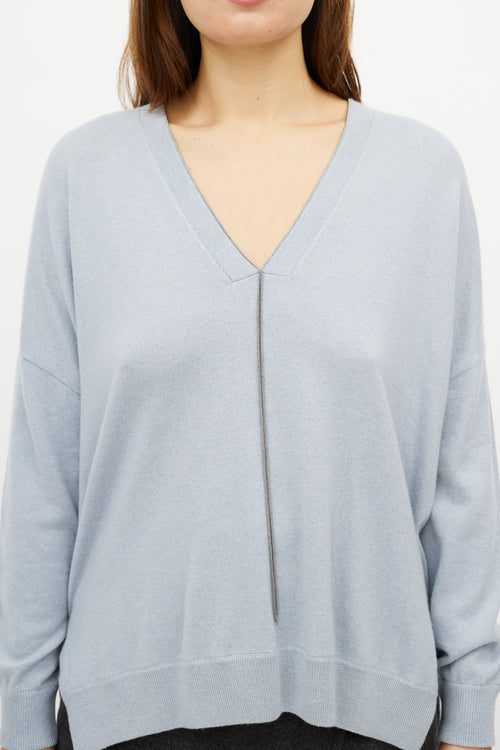 Brunello Cucinelli Blue Monili Cashmere V-Neck Knit Sweater