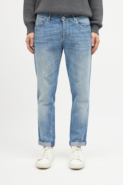 Brunello Cucinelli Blue Slim Cuffed Denim Jeans