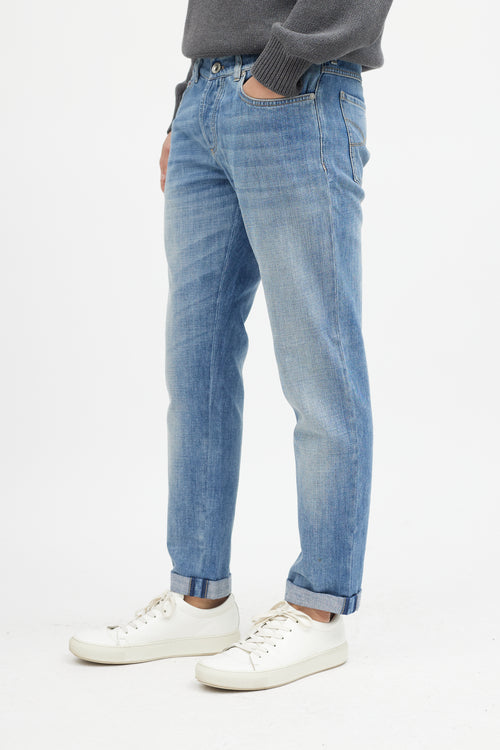 Brunello Cucinelli Blue Slim Cuffed Denim Jeans