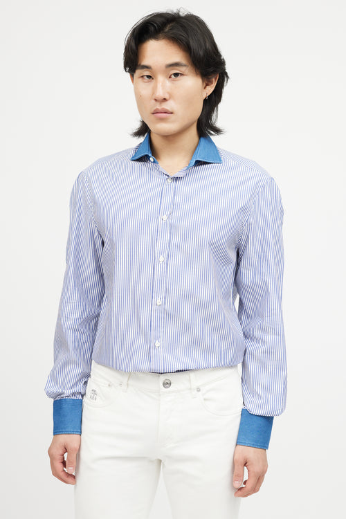 Brunello Cucinelli Blue 
White Denim Trim Striped Shirt