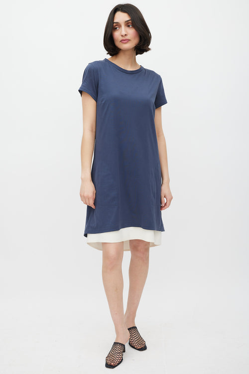 Brunello Cucinelli Blue 
White Silk T-Shirt Dress