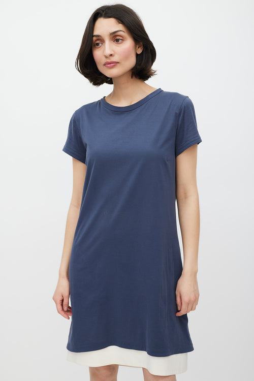 Brunello Cucinelli Blue 
White Silk T-Shirt Dress