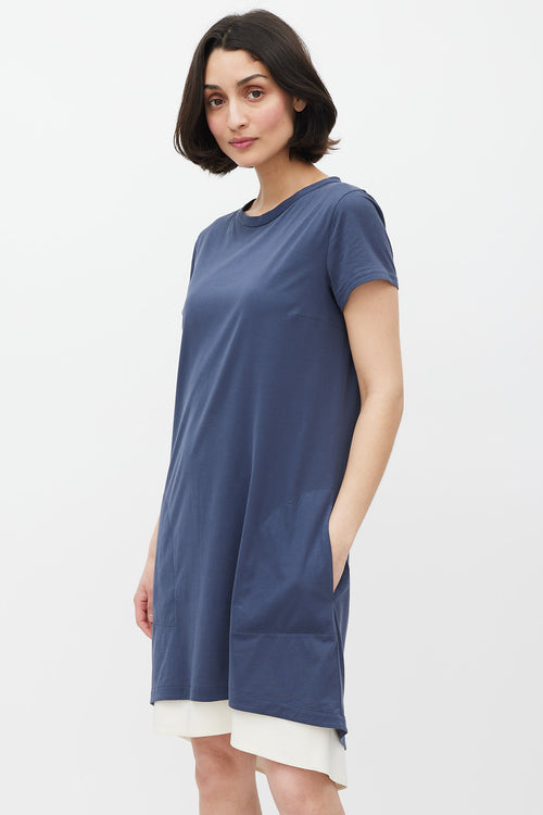 Brunello Cucinelli Blue 
White Silk T-Shirt Dress