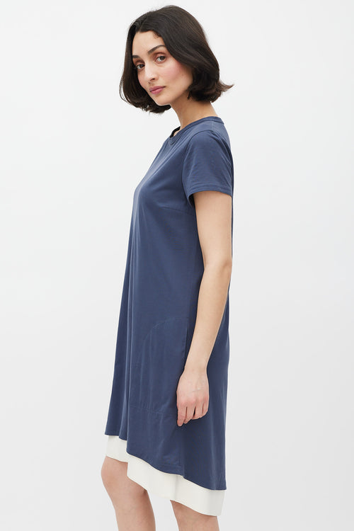 Brunello Cucinelli Blue 
White Silk T-Shirt Dress