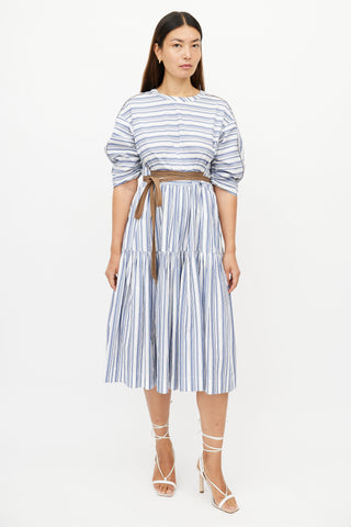 Brunello Cucinelli Blue 
White Stripe Monili Belted Dress