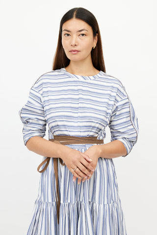 Brunello Cucinelli Blue 
White Stripe Monili Belted Dress