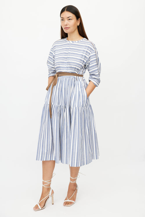 Brunello Cucinelli Blue 
White Stripe Monili Belted Dress