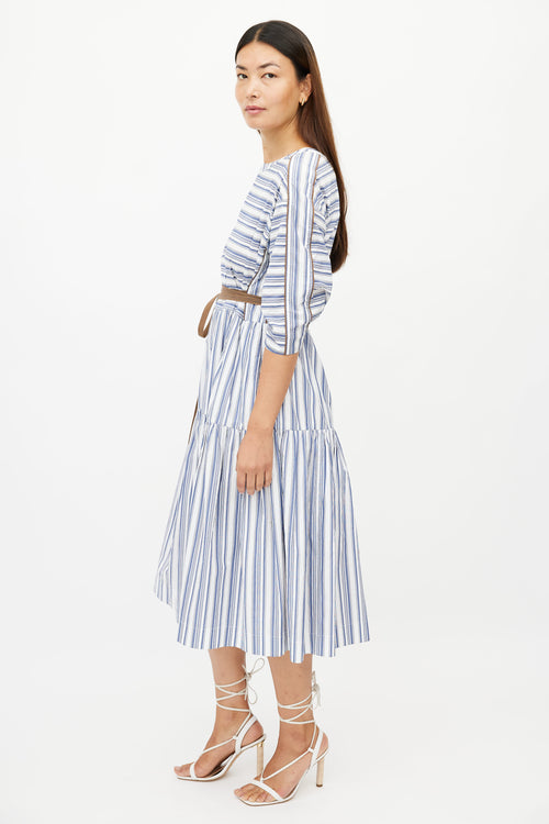 Brunello Cucinelli Blue 
White Stripe Monili Belted Dress