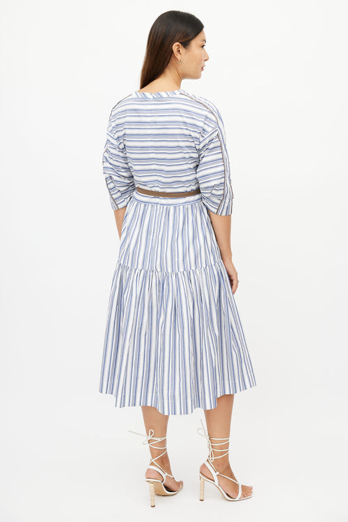 Brunello Cucinelli Blue 
White Stripe Monili Belted Dress